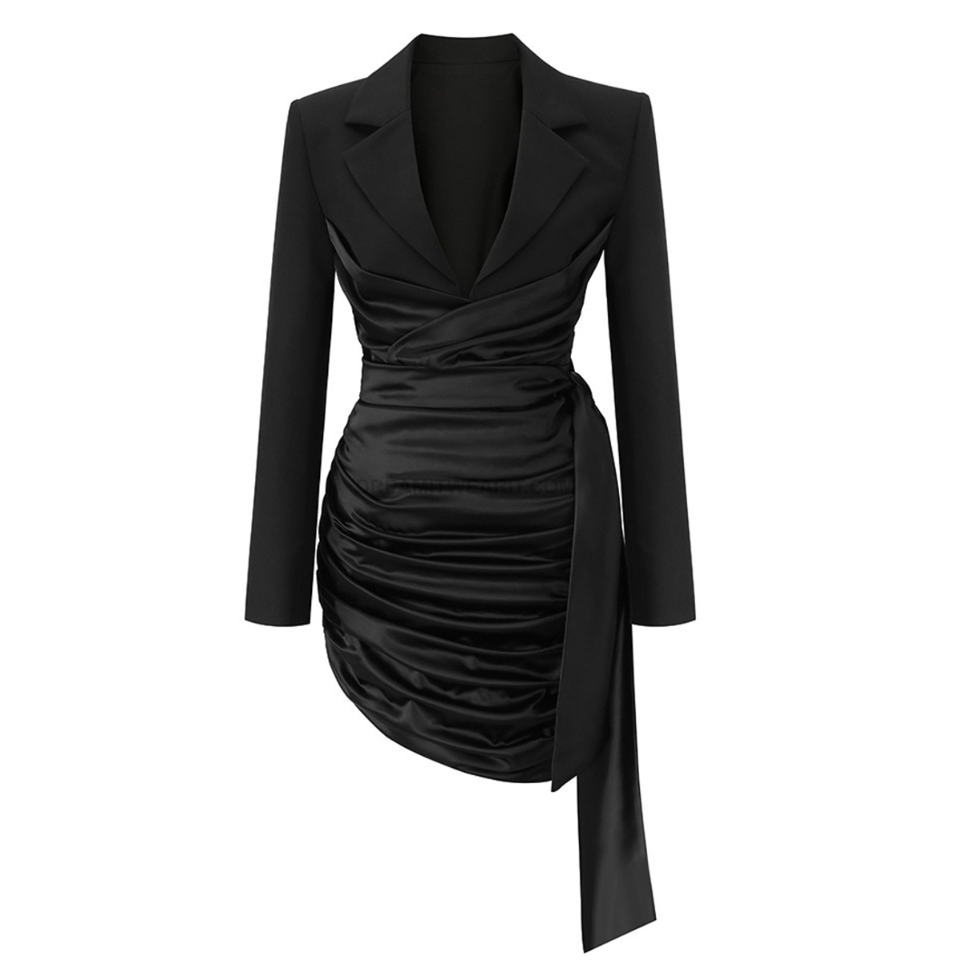 Long Sleeve Draped Silk Blazer Dress Black