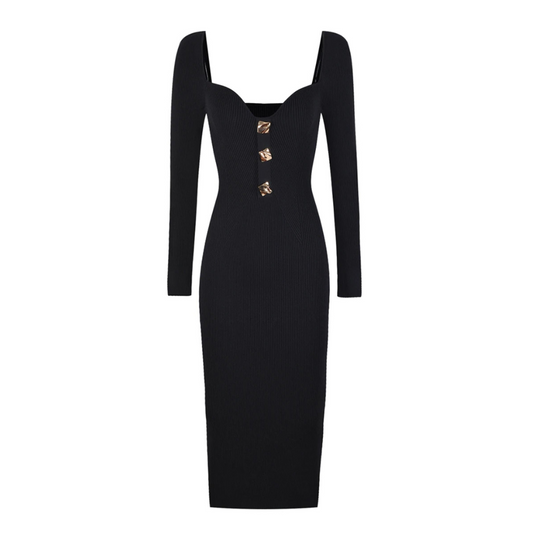 Long Sleeve Button Midi Dress Black