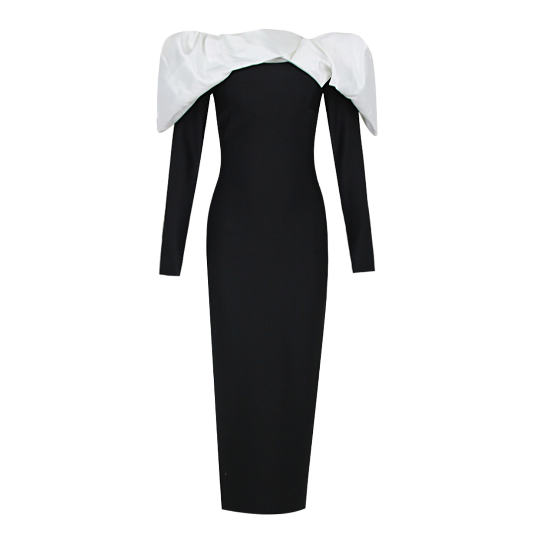 Long Sleeve Puff Bardot Midi Dress Black White HV1803