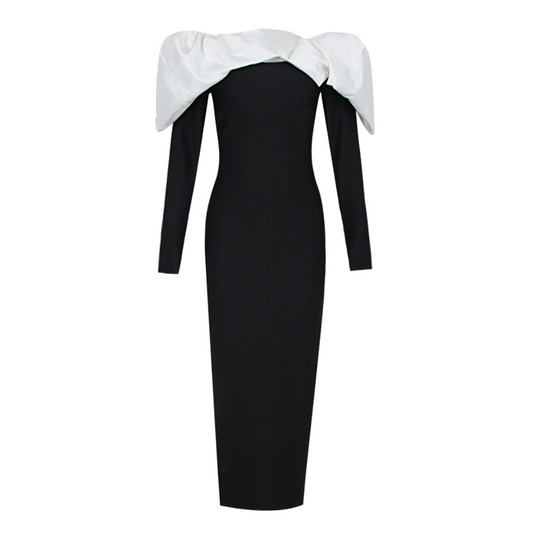 Long Sleeve Puff Bardot Midi Dress Black White HV1803