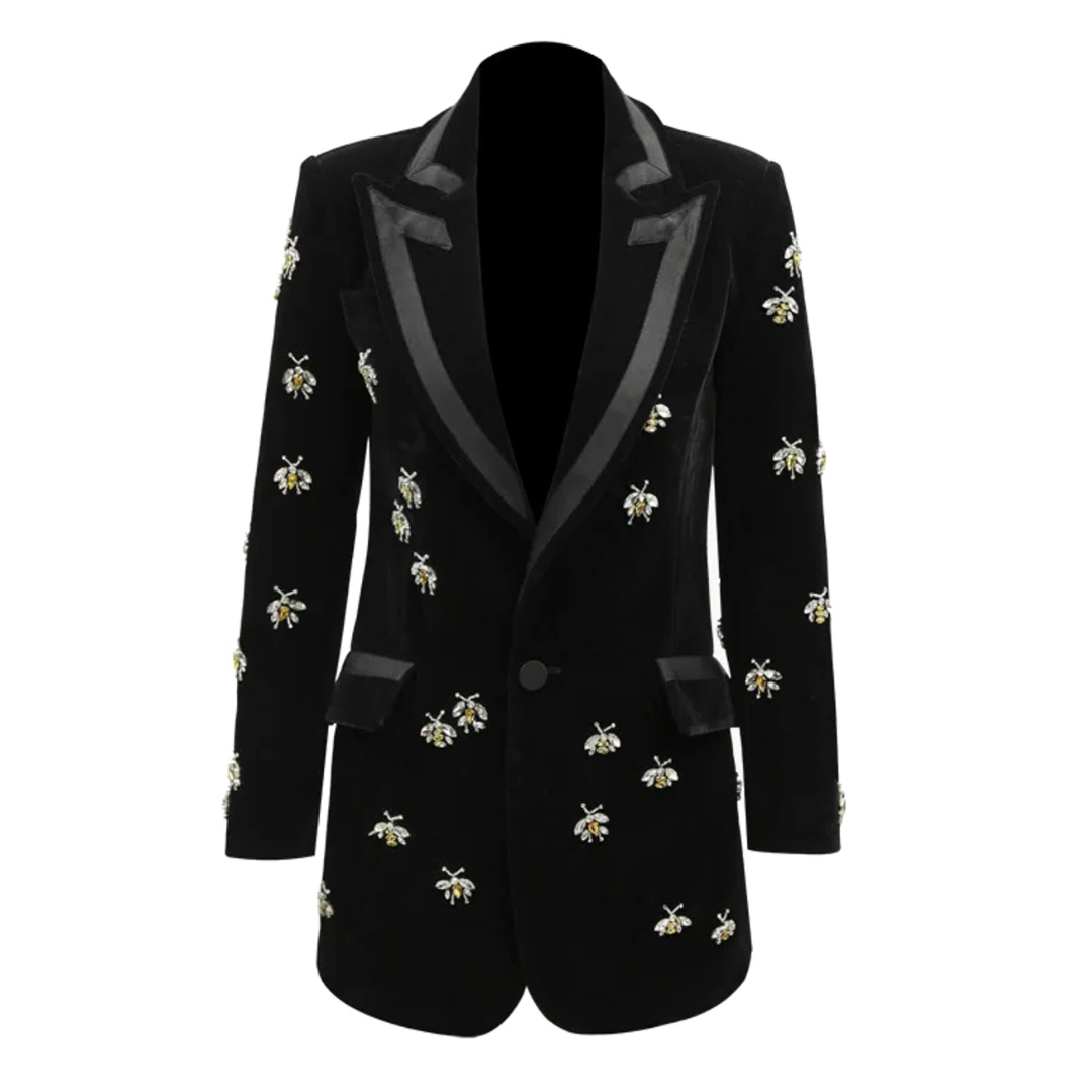 Long Sleeve Crystal Bee Velvet Blazer Black