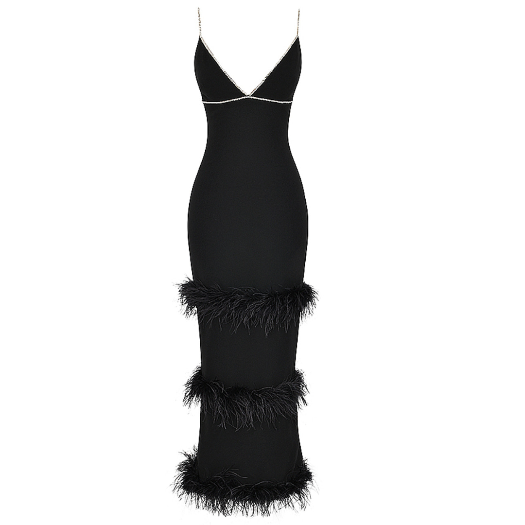 Crystal Trim Feather Detail Maxi Dress Black