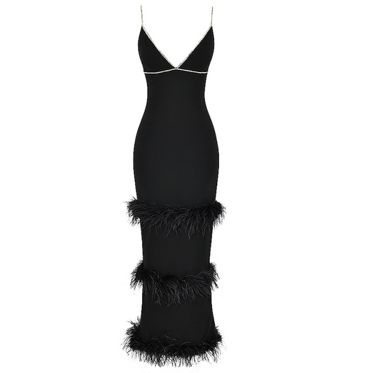 Crystal Trim Feather Detail Maxi Dress Black
