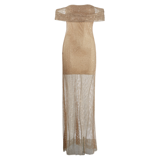 Draped Bardot Crystal Maxi Dress Nude