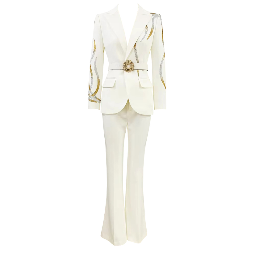 Long Sleeve Belt Crystal Suit