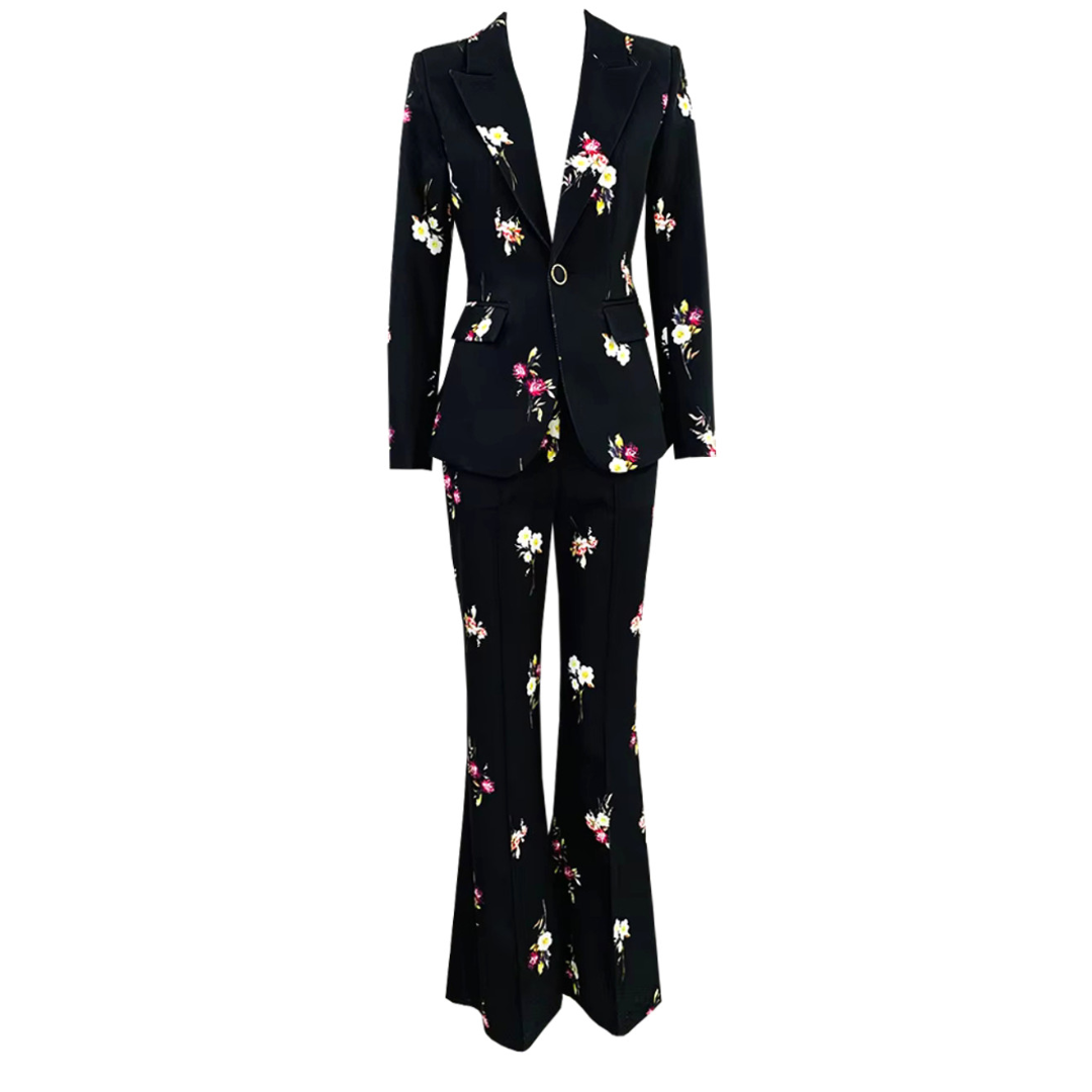 Long Sleeve Floral Suit Black