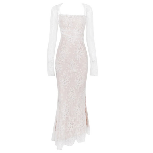 Long Sleeve Draped Lace Corset Maxi Dress White