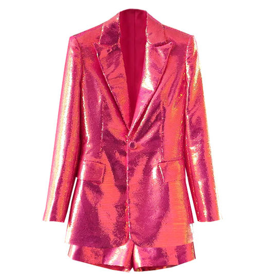 Long Sleeve Sequin Short Suit Hot Pink