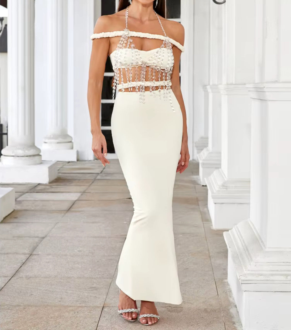 Halter Crystal Bardot Maxi Dress Ivory