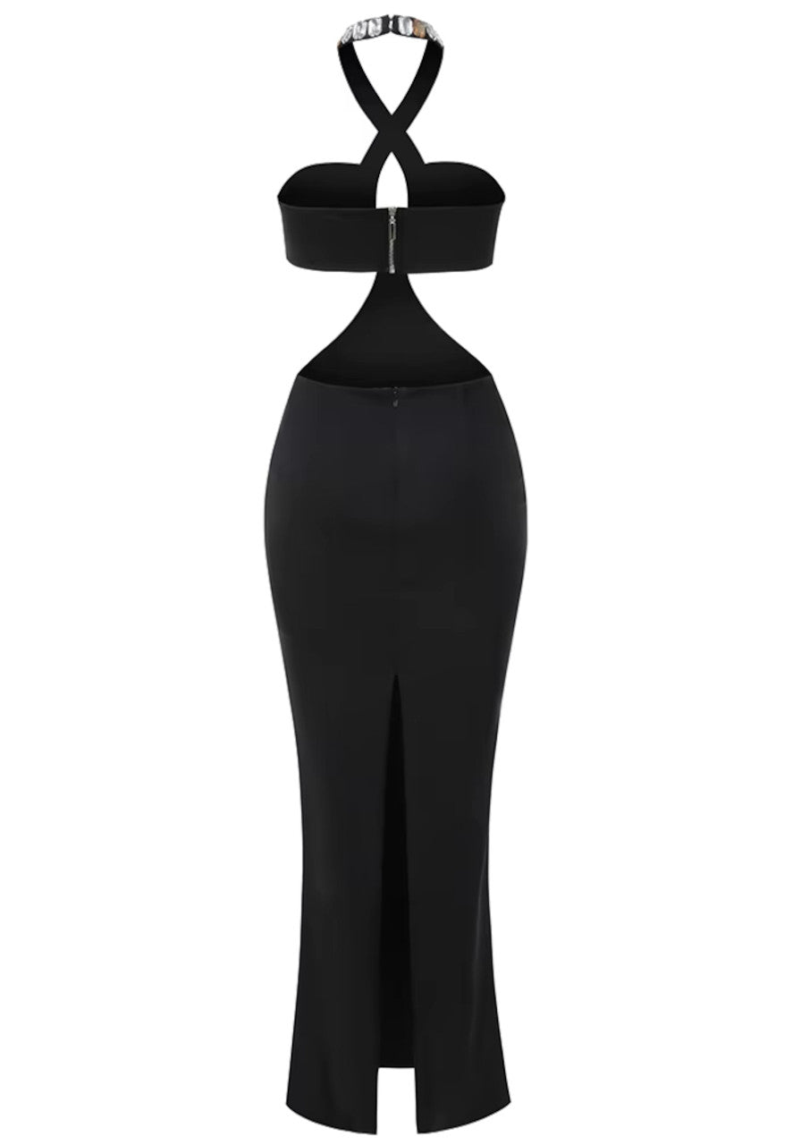 Halter Crystal Cut Out Maxi Dress Black