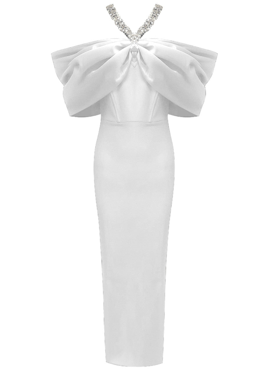 Halter Crystal Draped Bardot Maxi Dress