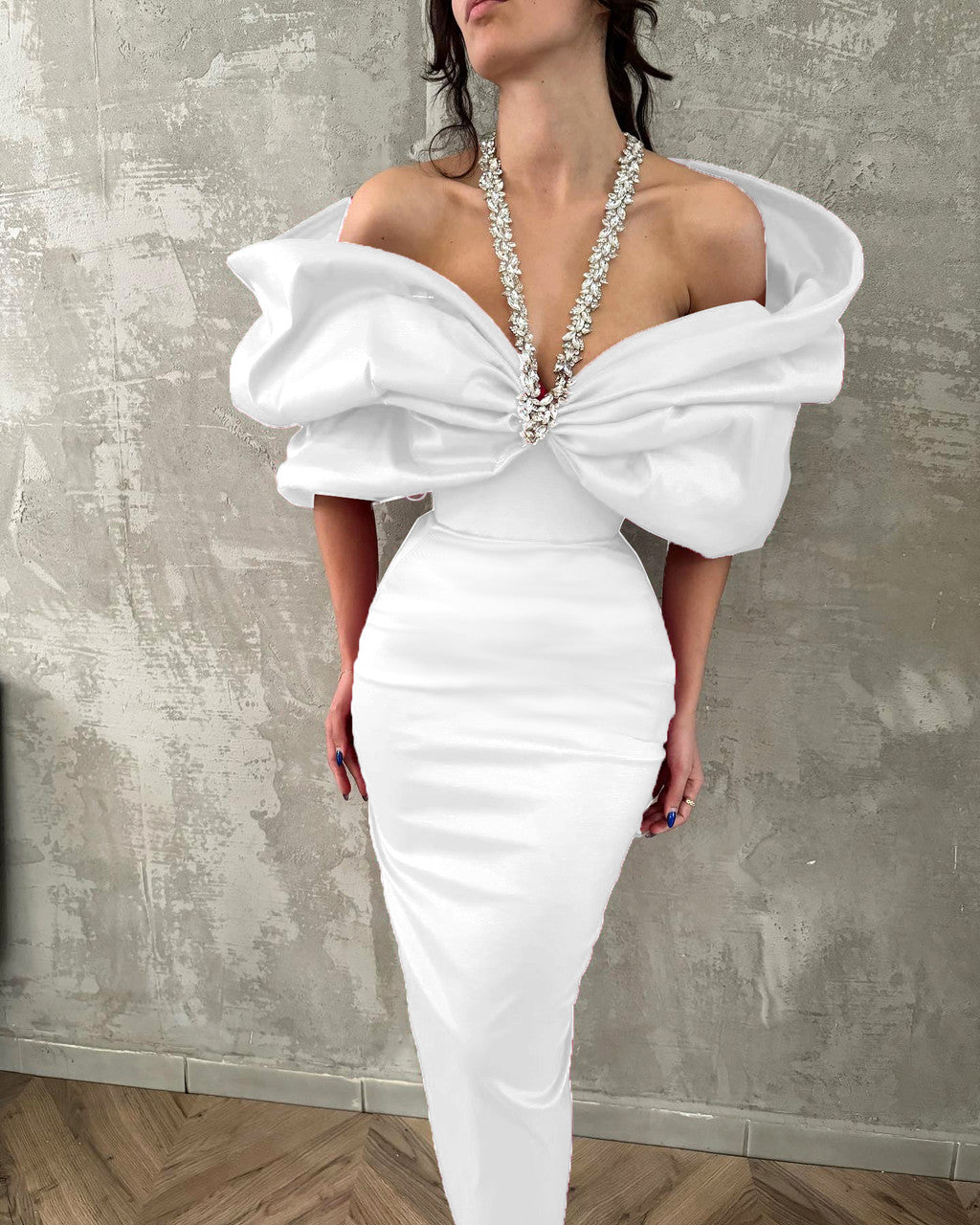Halter Crystal Draped Bardot Maxi Dress