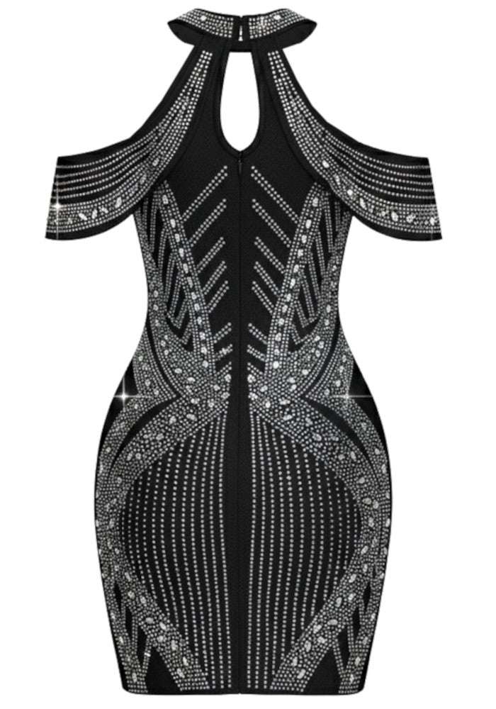 Halter Crystal Embellished Dress Black HV2638
