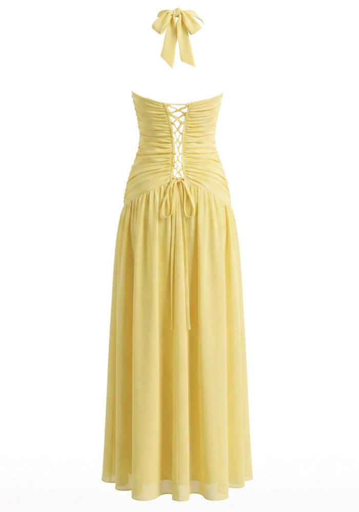 Halter Corset A Line Maxi Dress Yellow HV2960