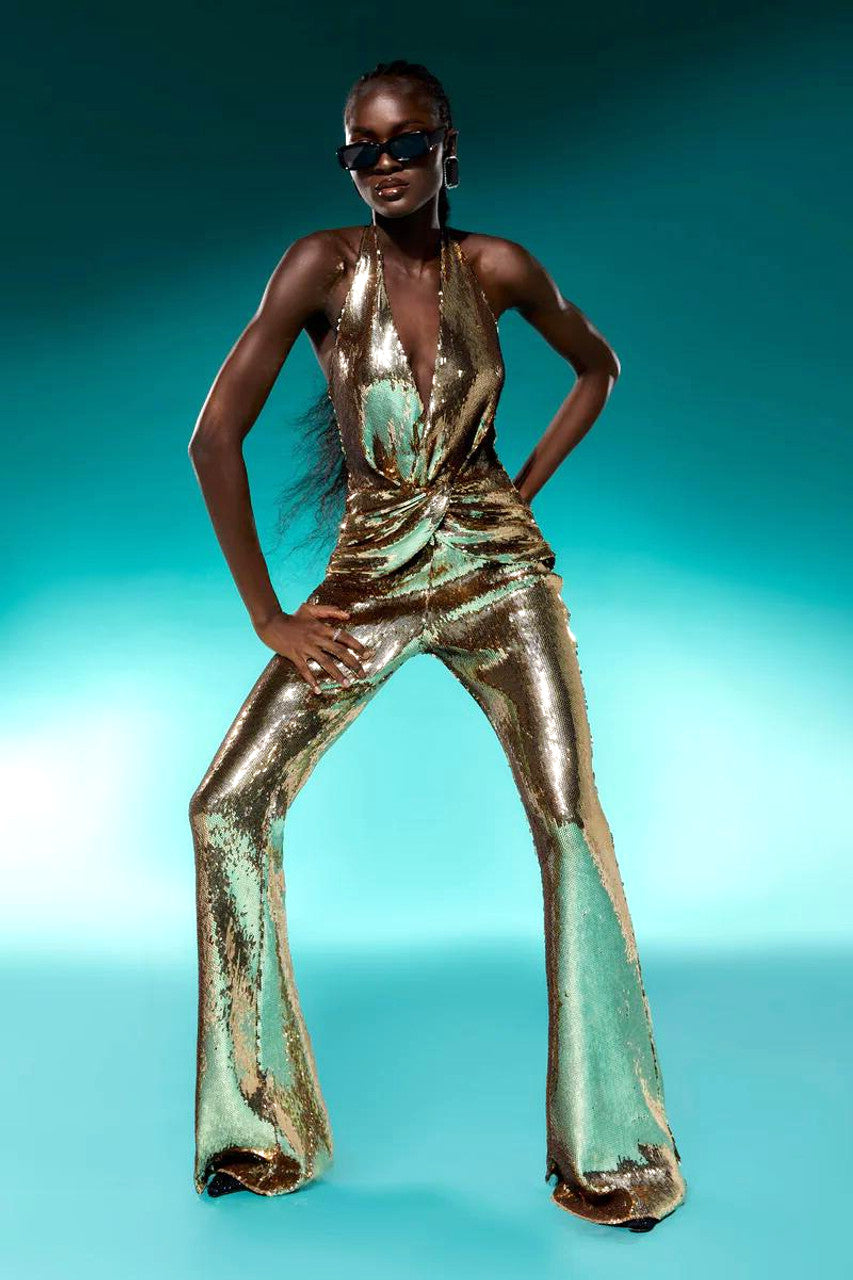 Halter Draped Sequin Jumpsuit Gold HV1099
