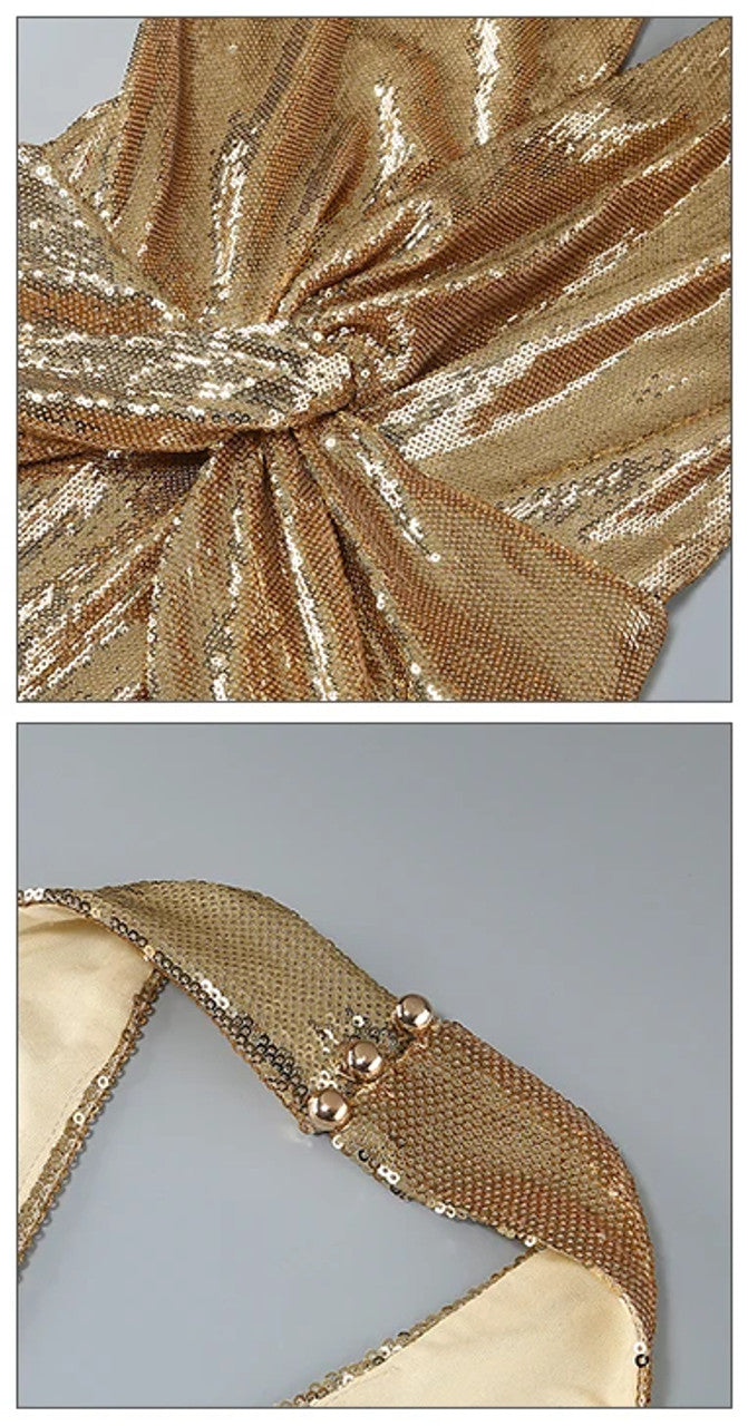 Halter Draped Sequin Jumpsuit Gold HV1099