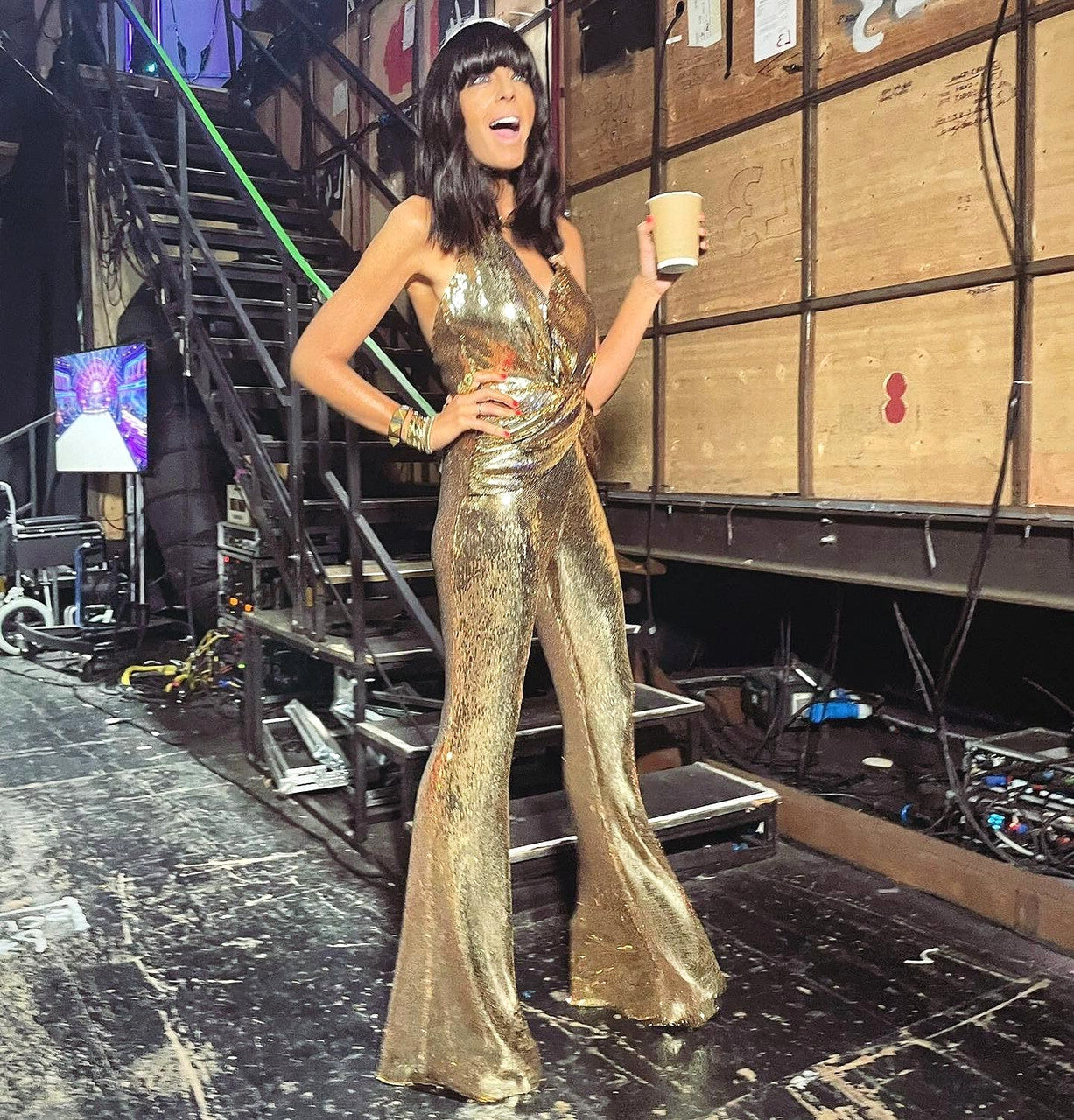Halter Draped Sequin Jumpsuit Gold HV1099
