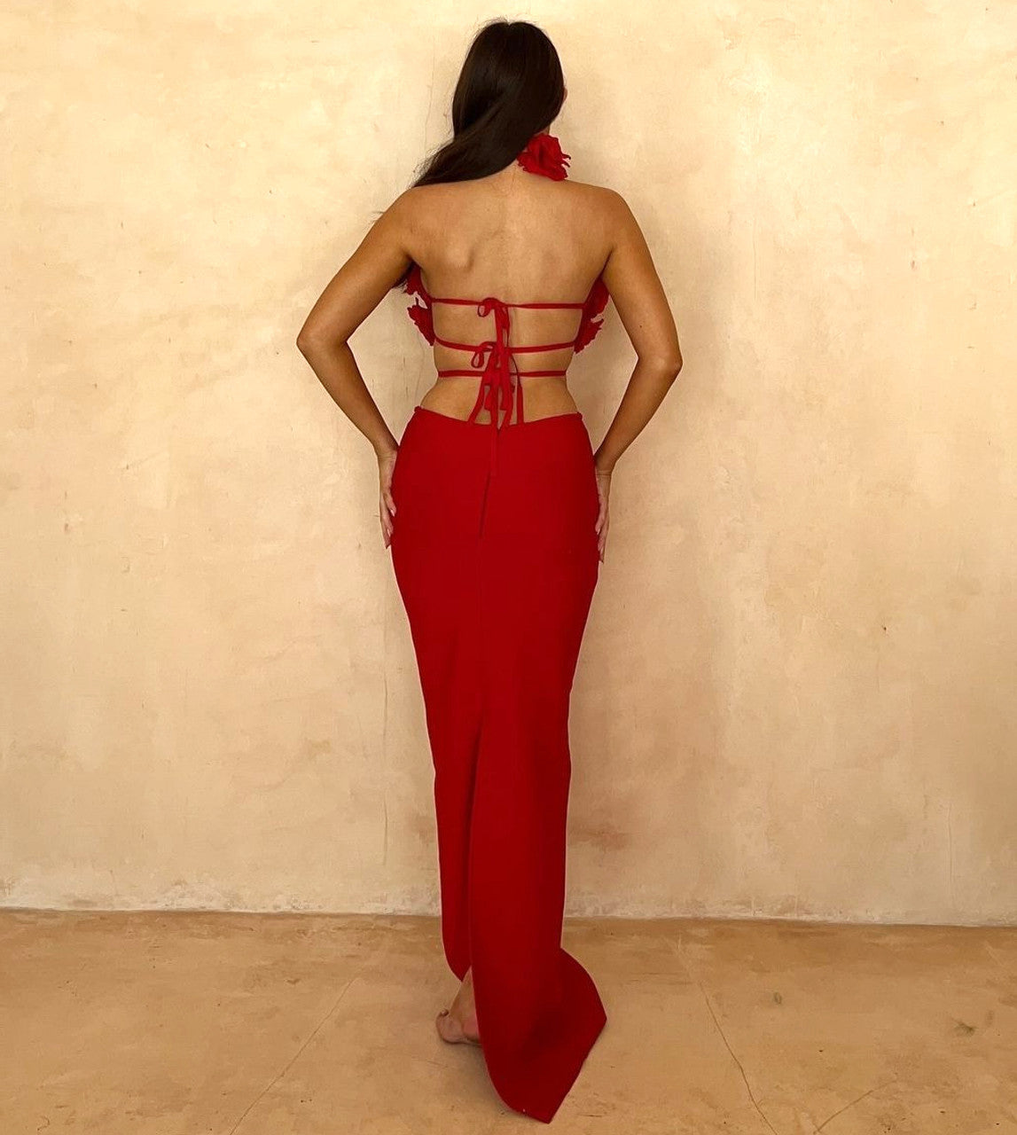 Halter Floral Strappy Maxi Dress Red