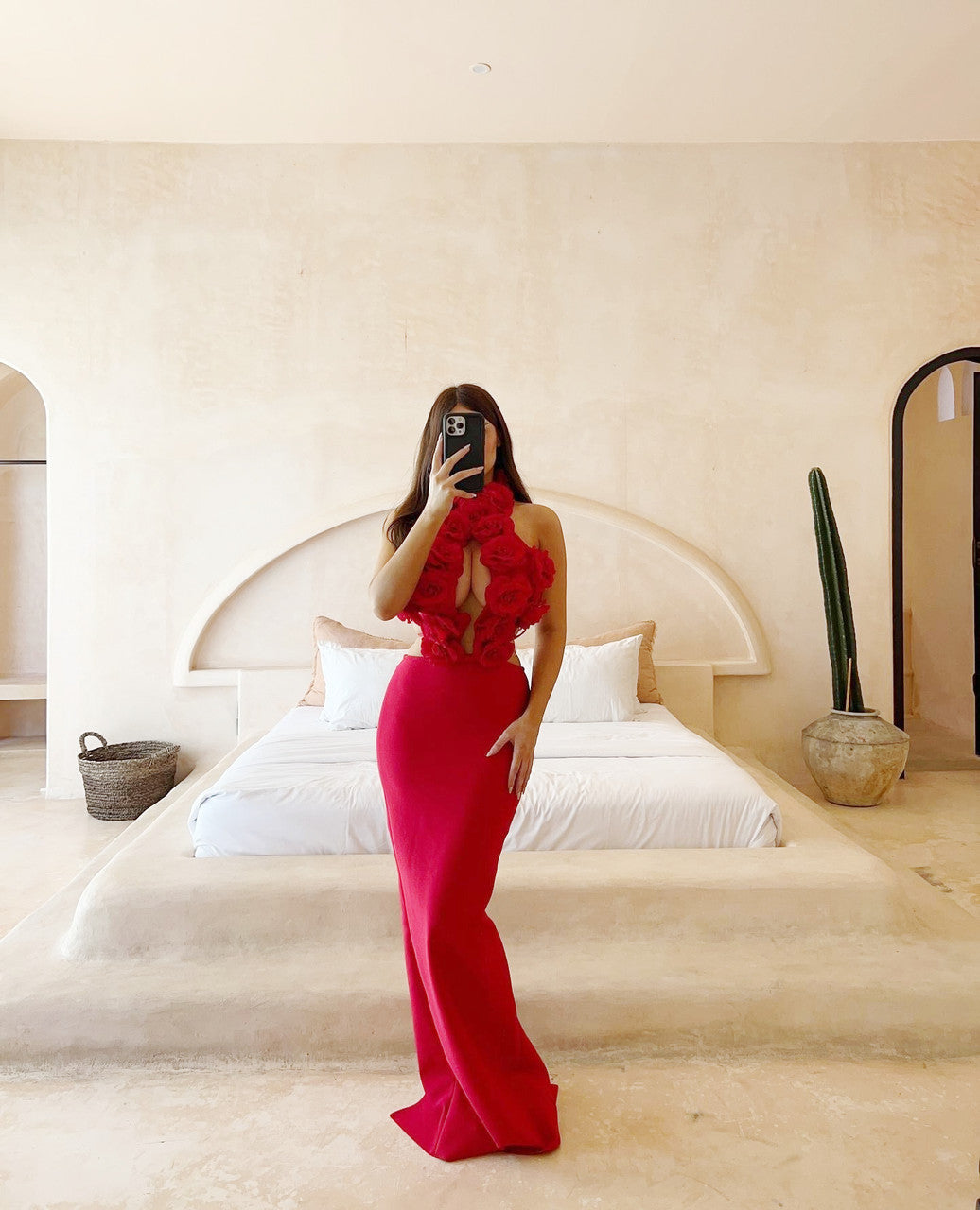 Halter Floral Strappy Maxi Dress Red