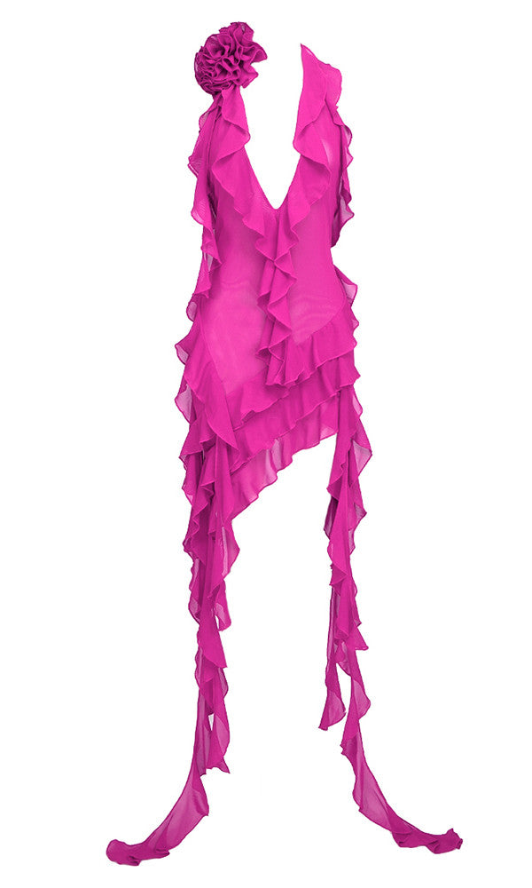Halter Ruffle Flower Detail Dress Hot Pink HV9573