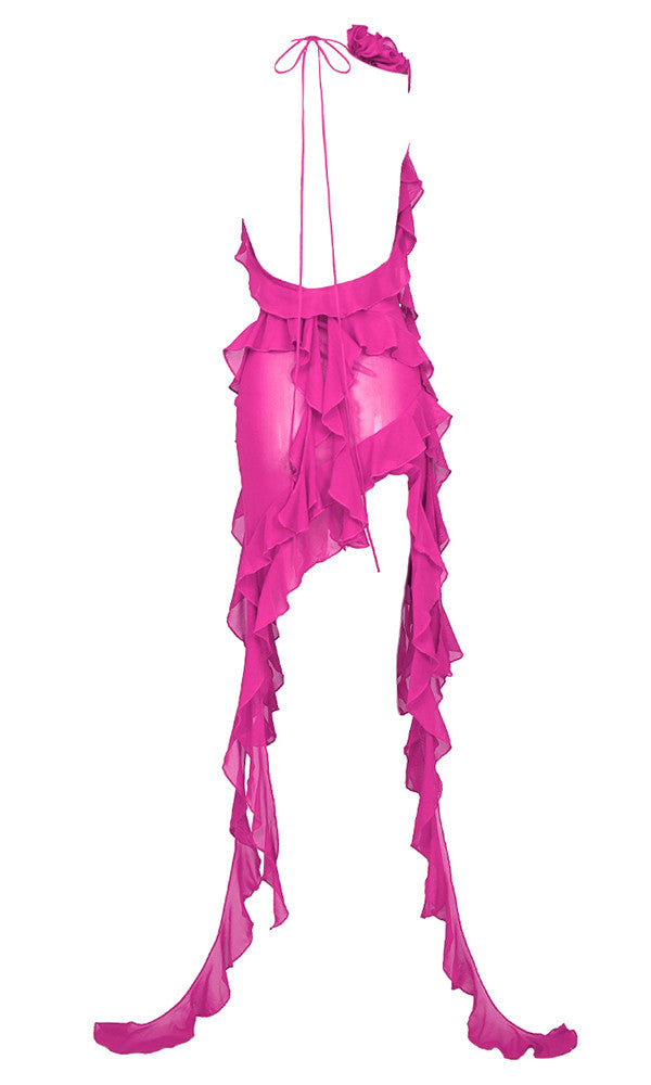 Halter Ruffle Flower Detail Dress Hot Pink HV9573