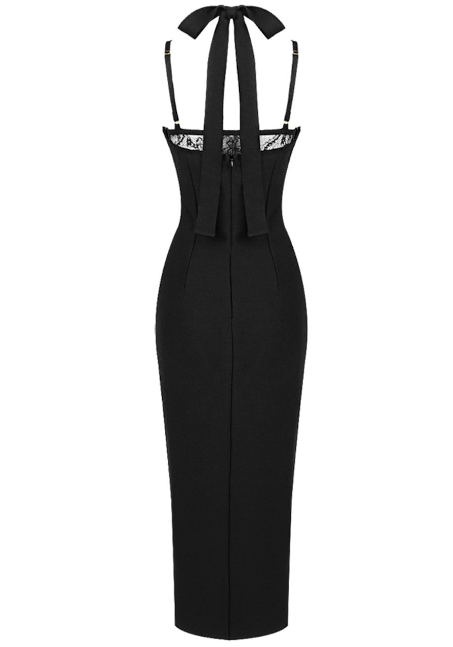 Halter Lace Bustier Midi Two Piece Dress Black