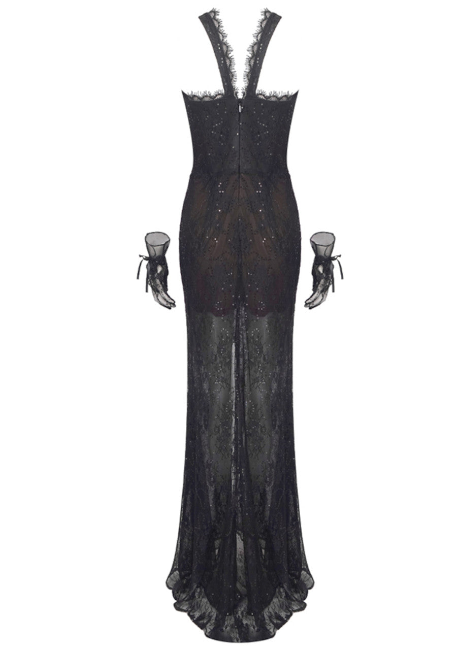 Halter Sequin Lace Corset Maxi Dress Black