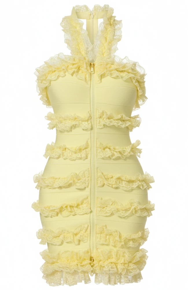 Halter Lace Ruffle Dress Yellow HV2383