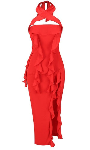 Halter Ruffle Midi Dress Red HV9889