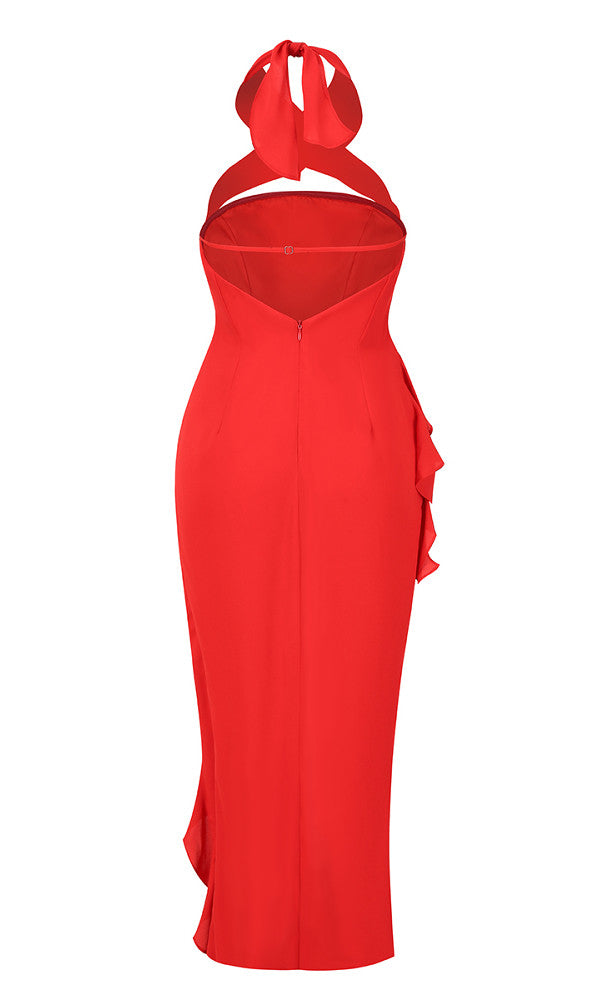 Halter Ruffle Midi Dress Red HV9889