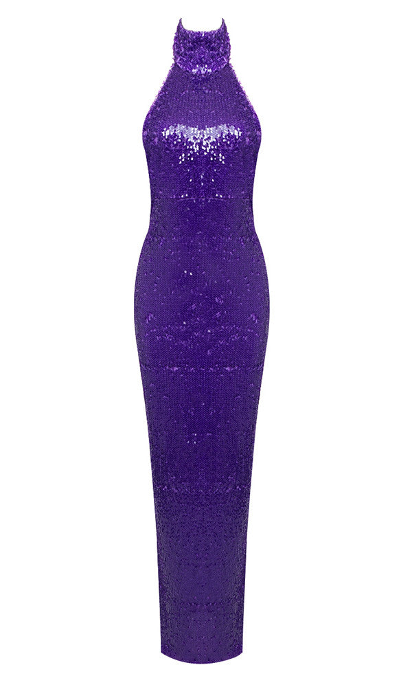 Halter Sequin Backless Maxi Dress Purple HV9572