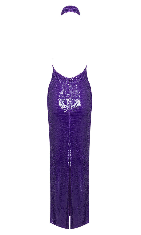 Halter Sequin Backless Maxi Dress Purple HV9572