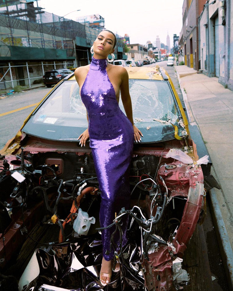 Halter Sequin Backless Maxi Dress Purple HV9572