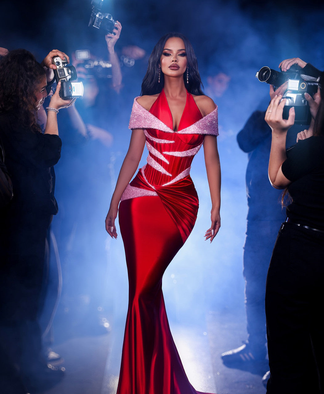 Halter Sequin Corset Maxi Velvet Dress Red HV2020