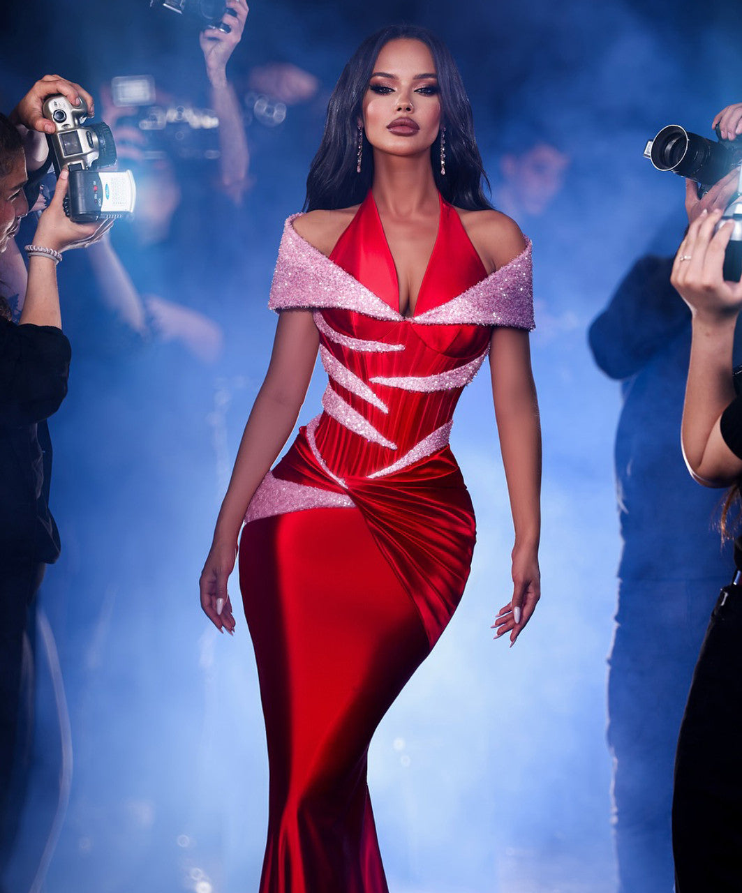 Halter Sequin Corset Maxi Velvet Dress Red HV2020