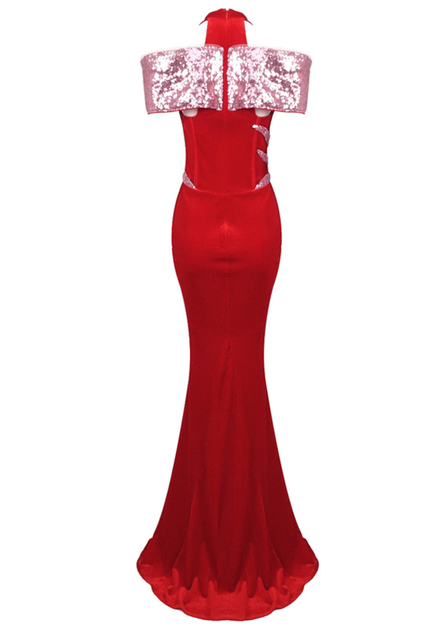 Halter Sequin Corset Maxi Velvet Dress Red HV2020