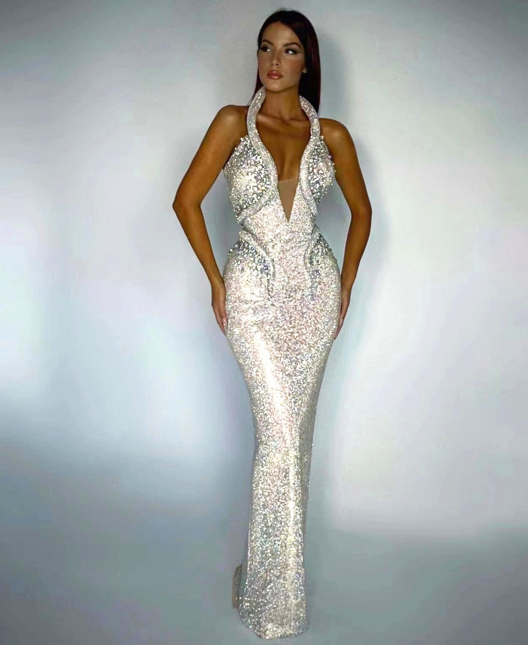 Halter Sequin Crystal Maxi Dress Silver
