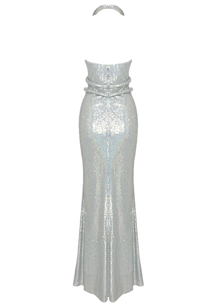Halter Sequin Crystal Maxi Dress Silver