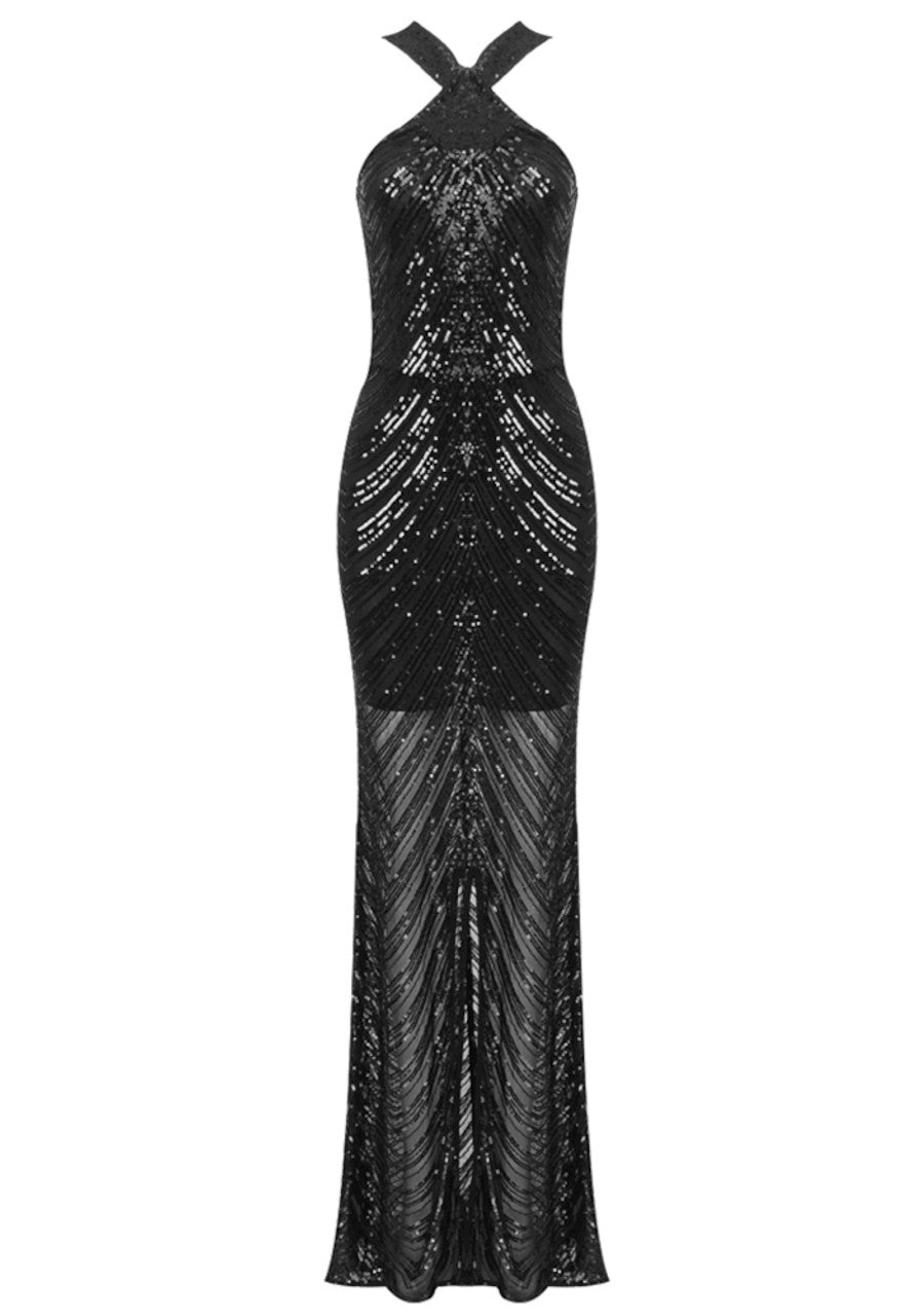 Halter Sequin Mesh Maxi Dress Black