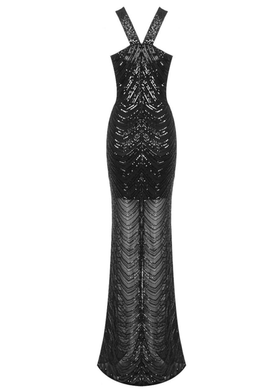 Halter Sequin Mesh Maxi Dress Black