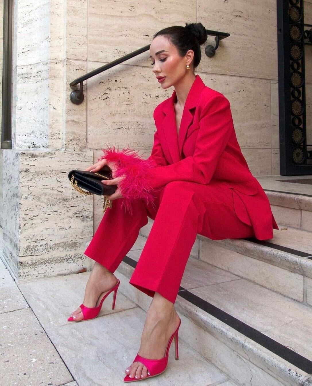 Long Sleeve Feather Detail Suit Hot Pink HV1267