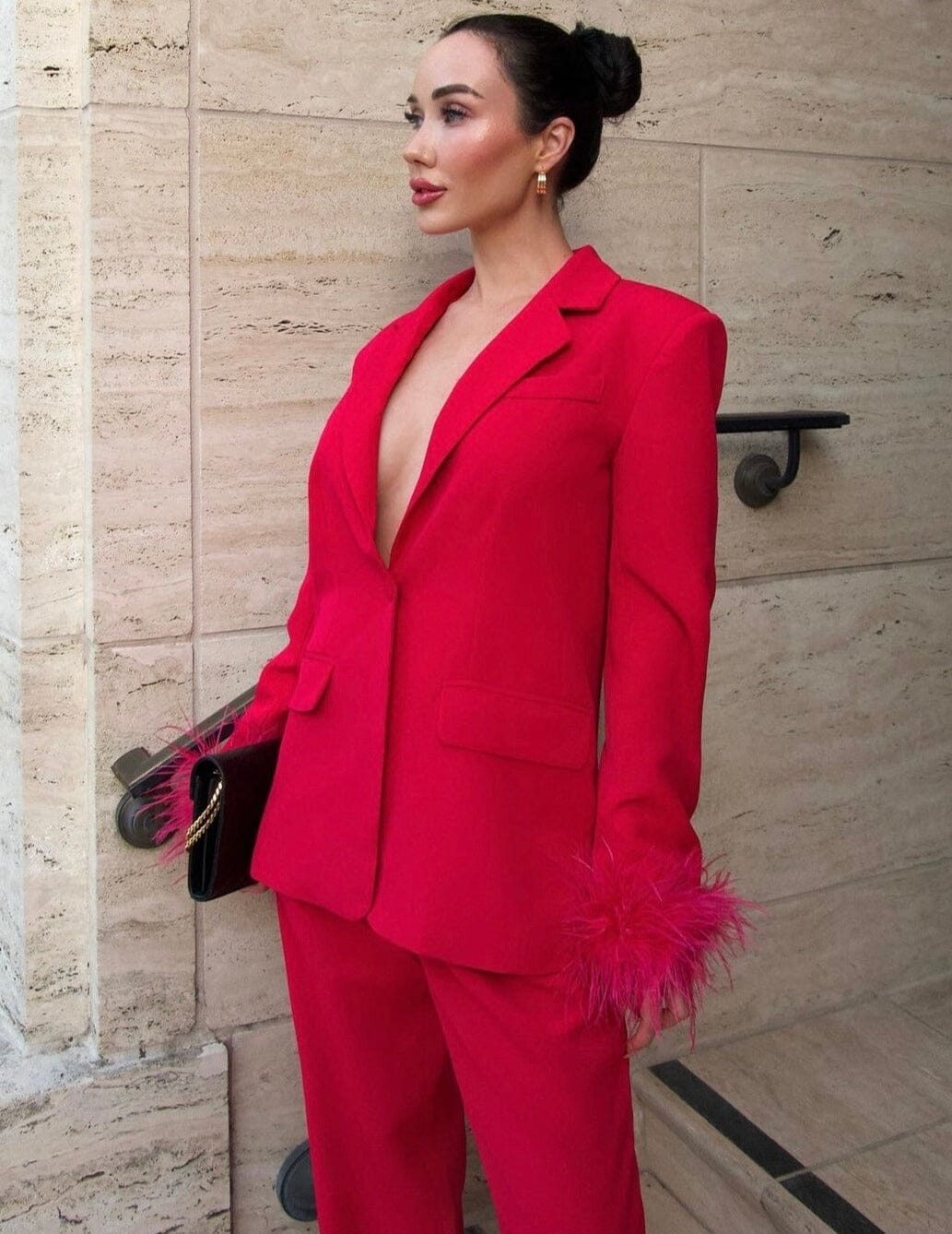 Long Sleeve Feather Detail Suit Hot Pink HV1267