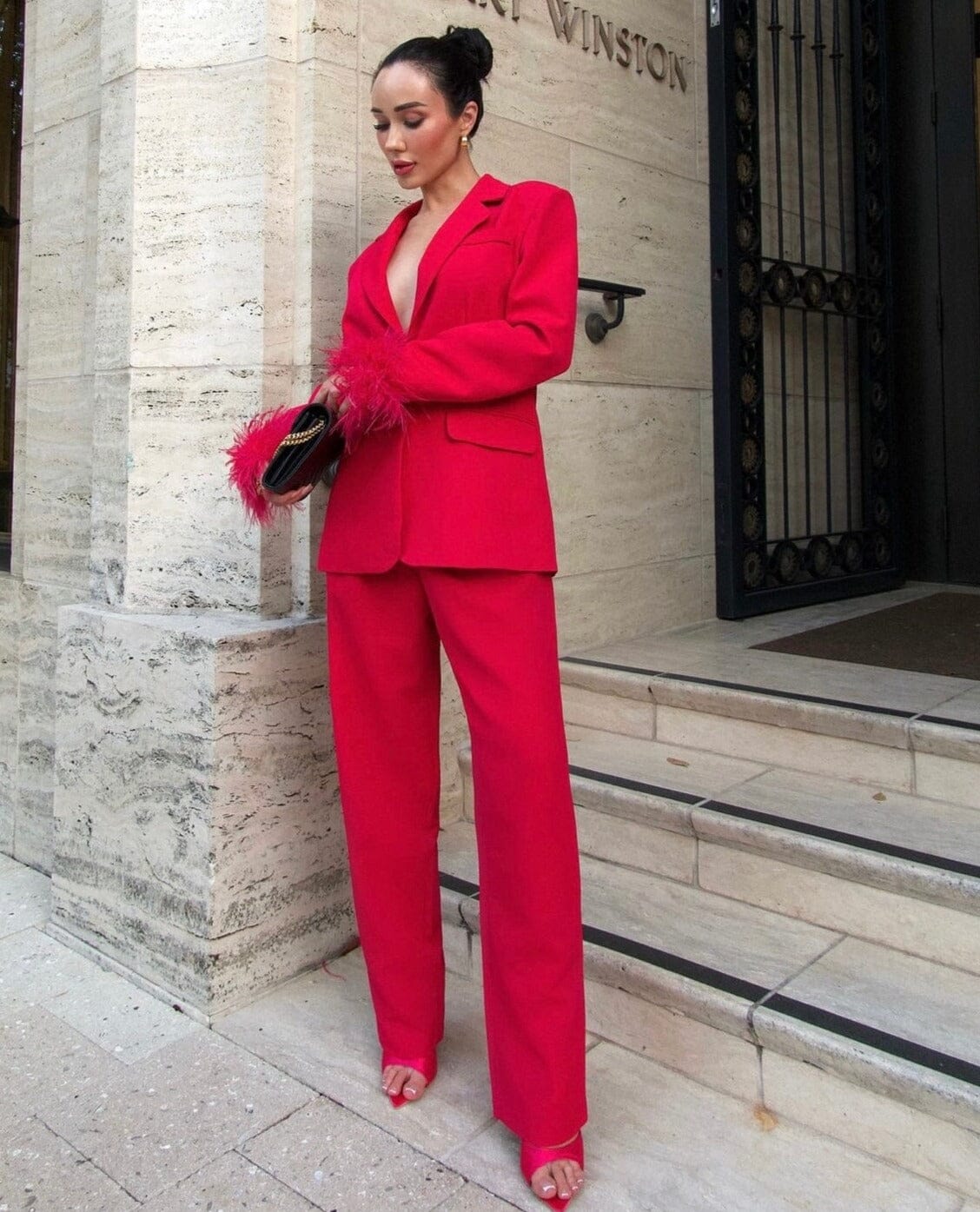 Long Sleeve Feather Detail Suit Hot Pink HV1267