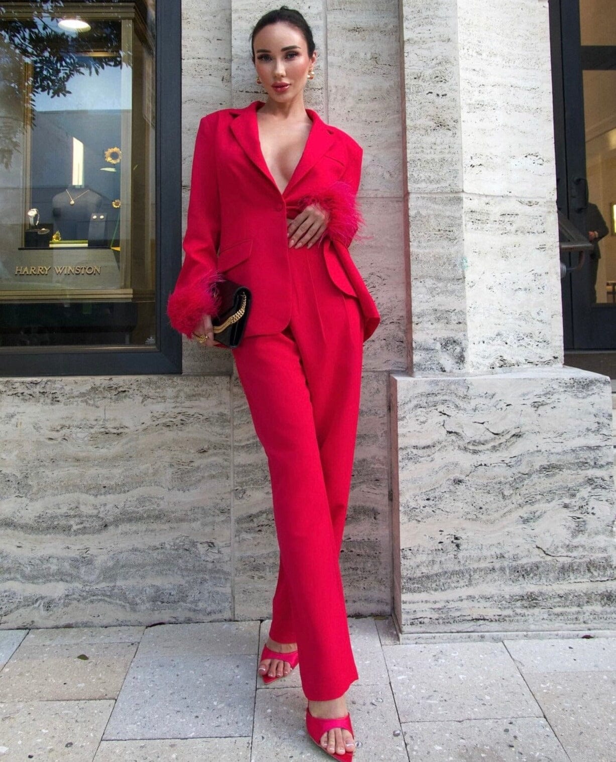 Long Sleeve Feather Detail Suit Hot Pink HV1267