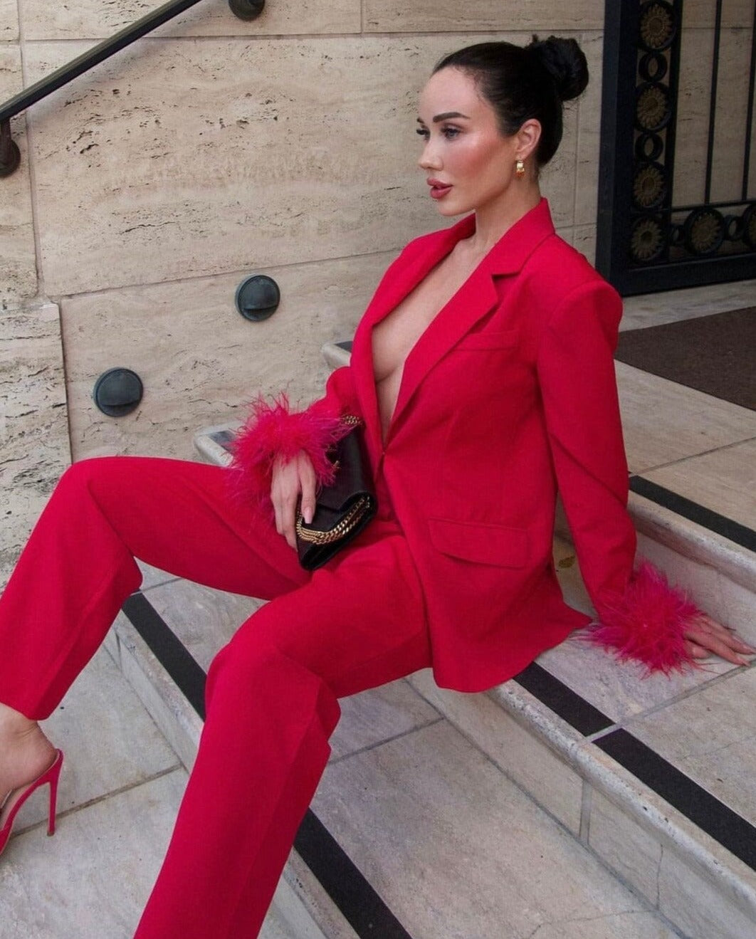 Long Sleeve Feather Detail Suit Hot Pink HV1267