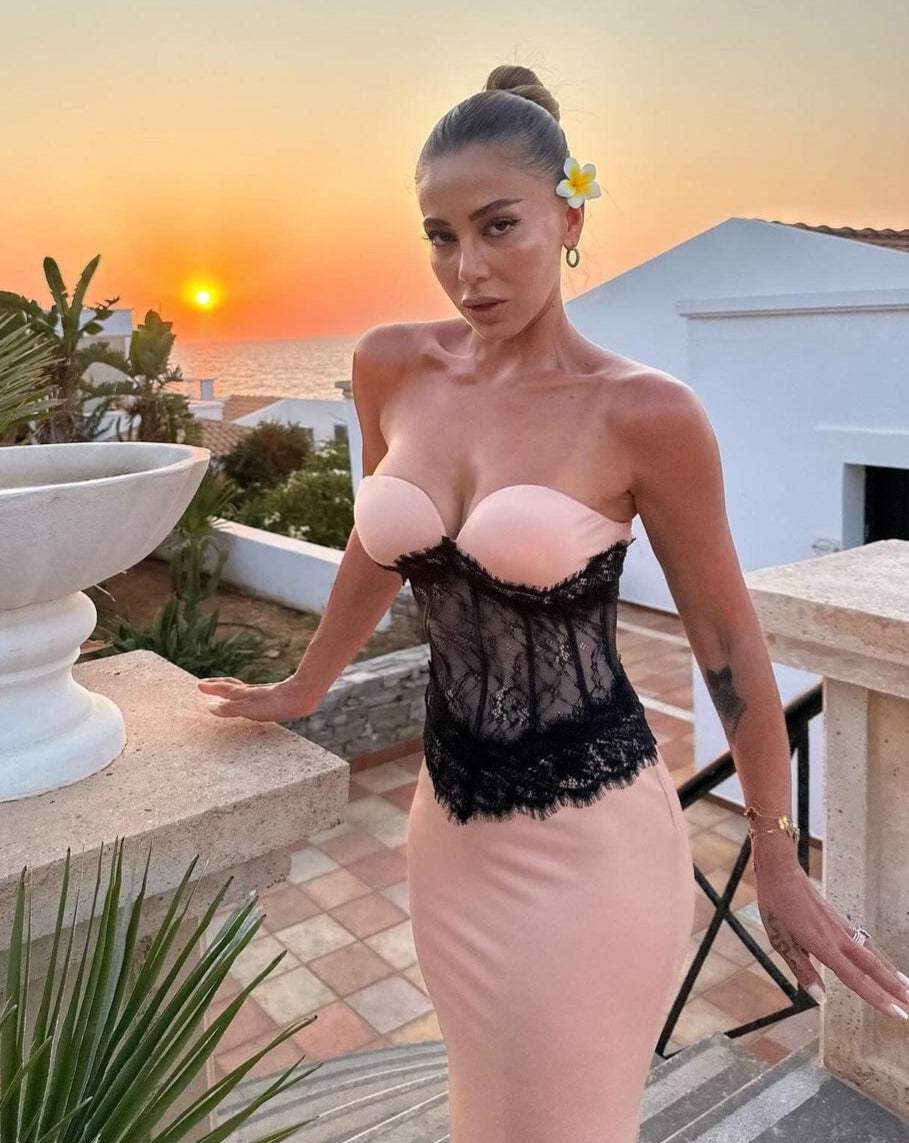 Strapless Lace Insert Maxi Dress Nude Black HV1443