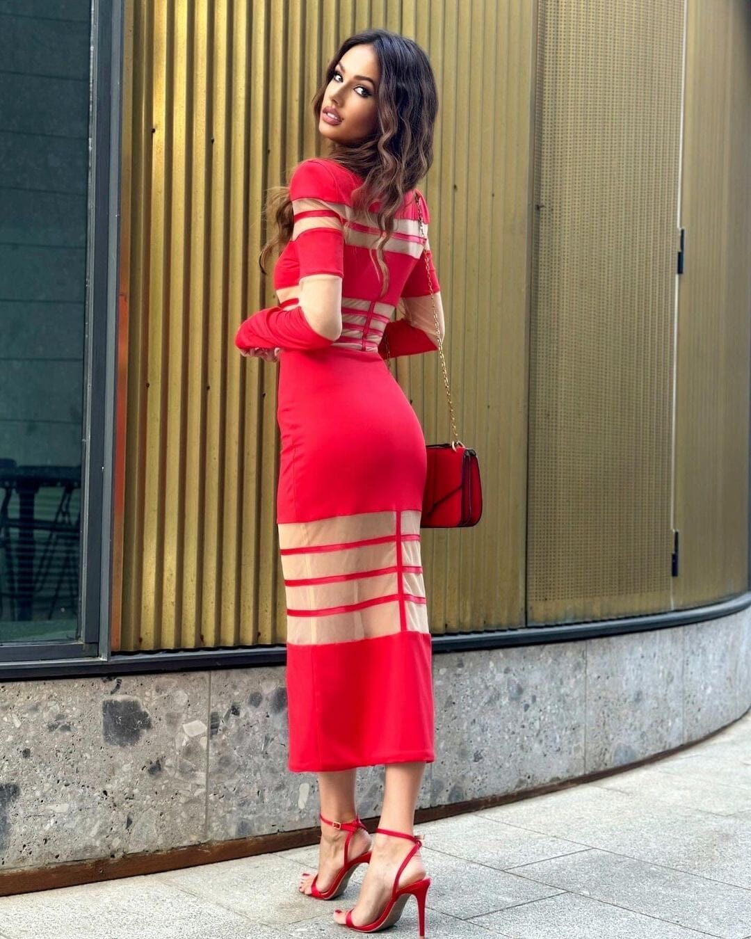 Long Sleeve Mesh Insert Midi Dress HV1502