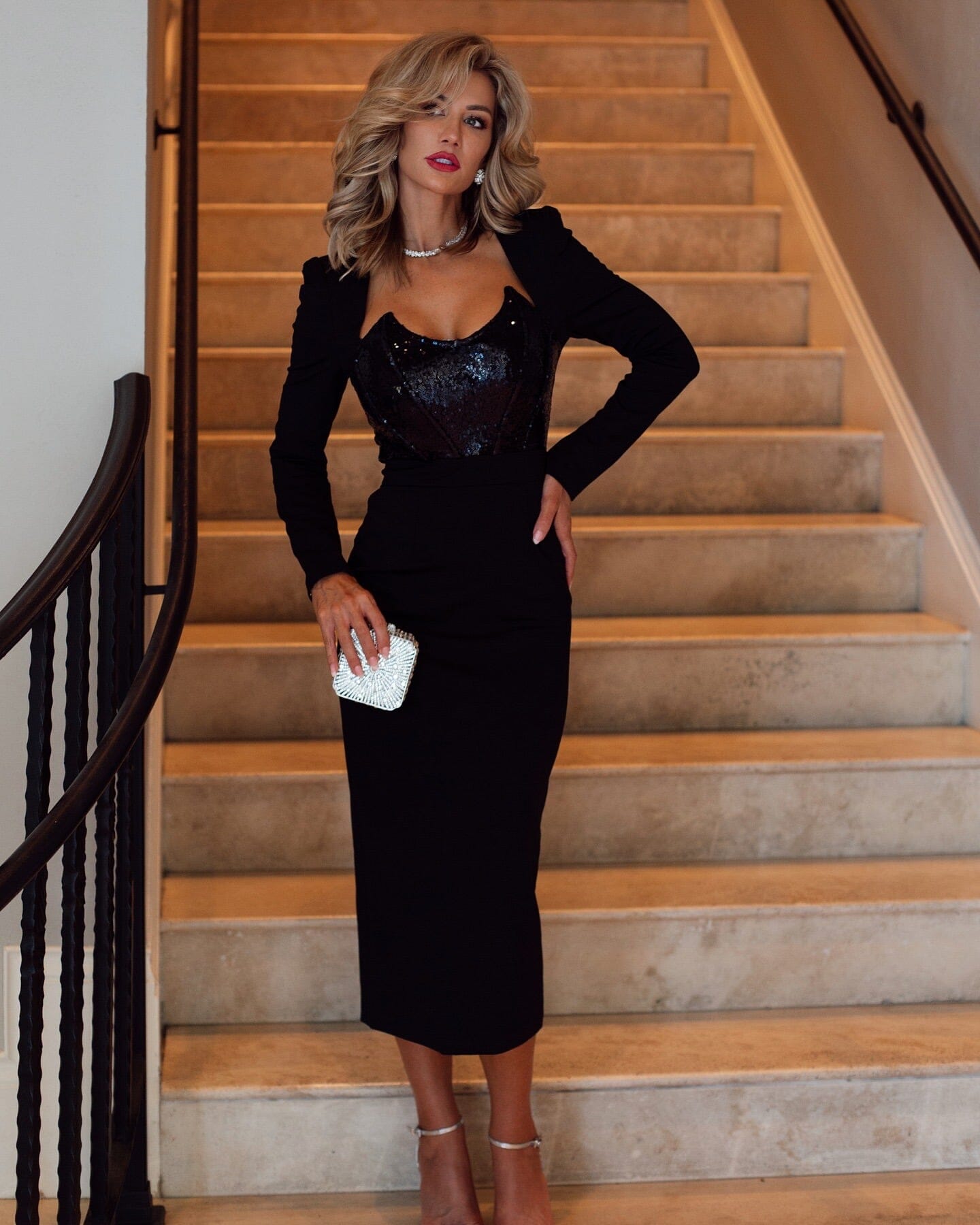 Long Sleeve Sequin Insert Midi Dress  HV1565