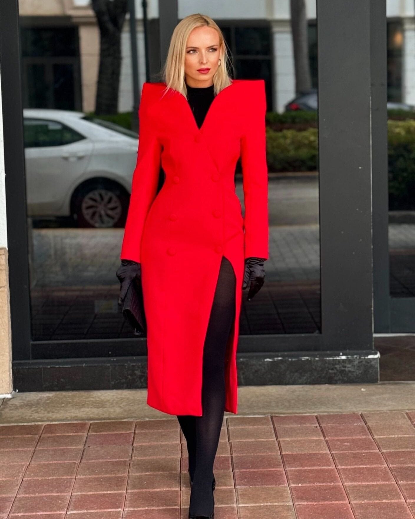 Long Sleeve Midi Coat Dress Red HV1714