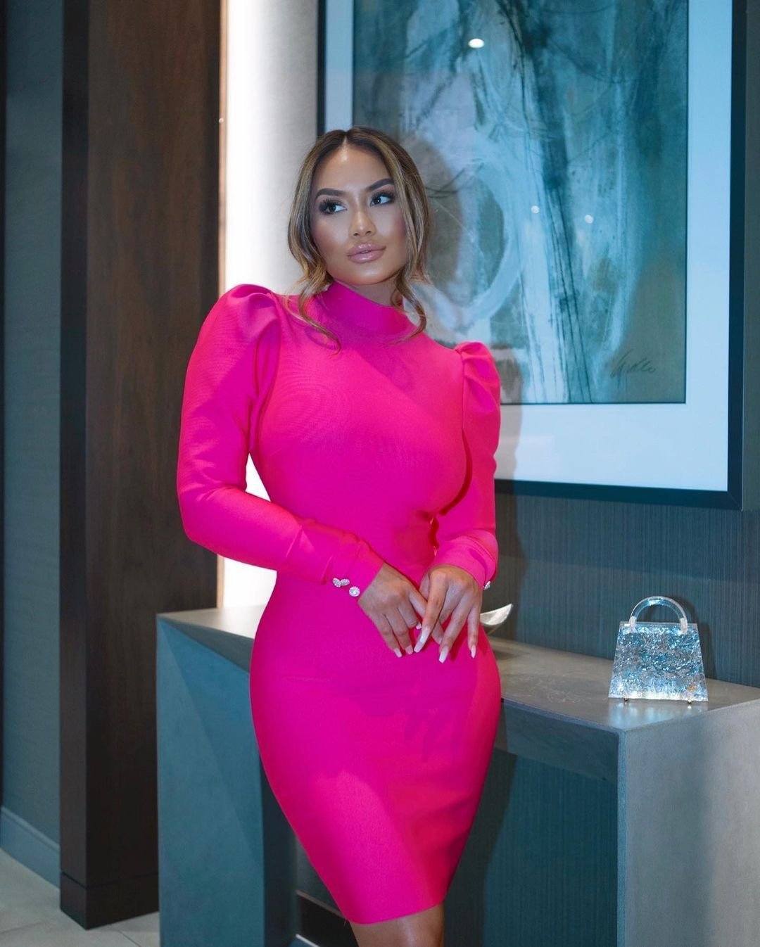 Puff Sleeve Dress Hot Pink HV6997